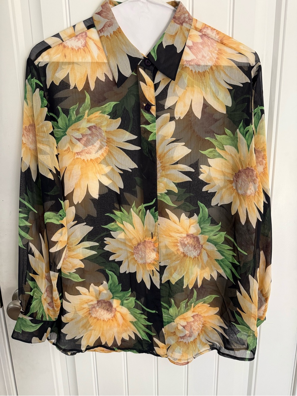 Liz Claiborne Black Sheer Sunflower Button-Up Shirt